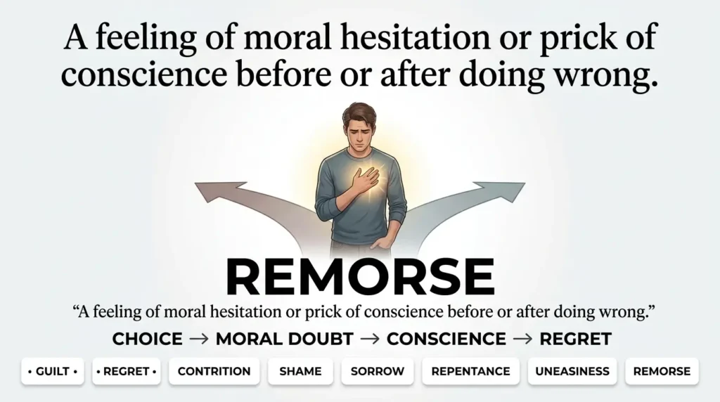 A feeling of moral hesitation or prick of conscience before or after doing wrong.
