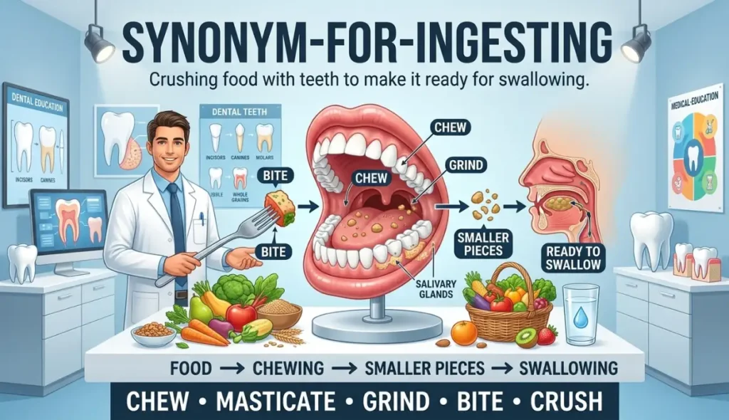 Crushing food with teeth to make it ready for swallowing.