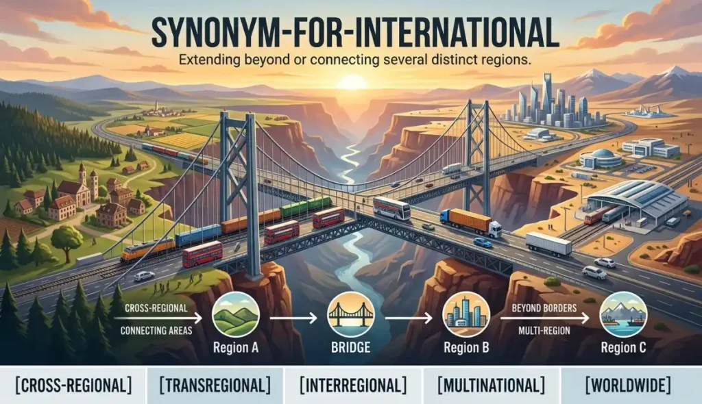 Extending beyond or bridging across several distinct regions.