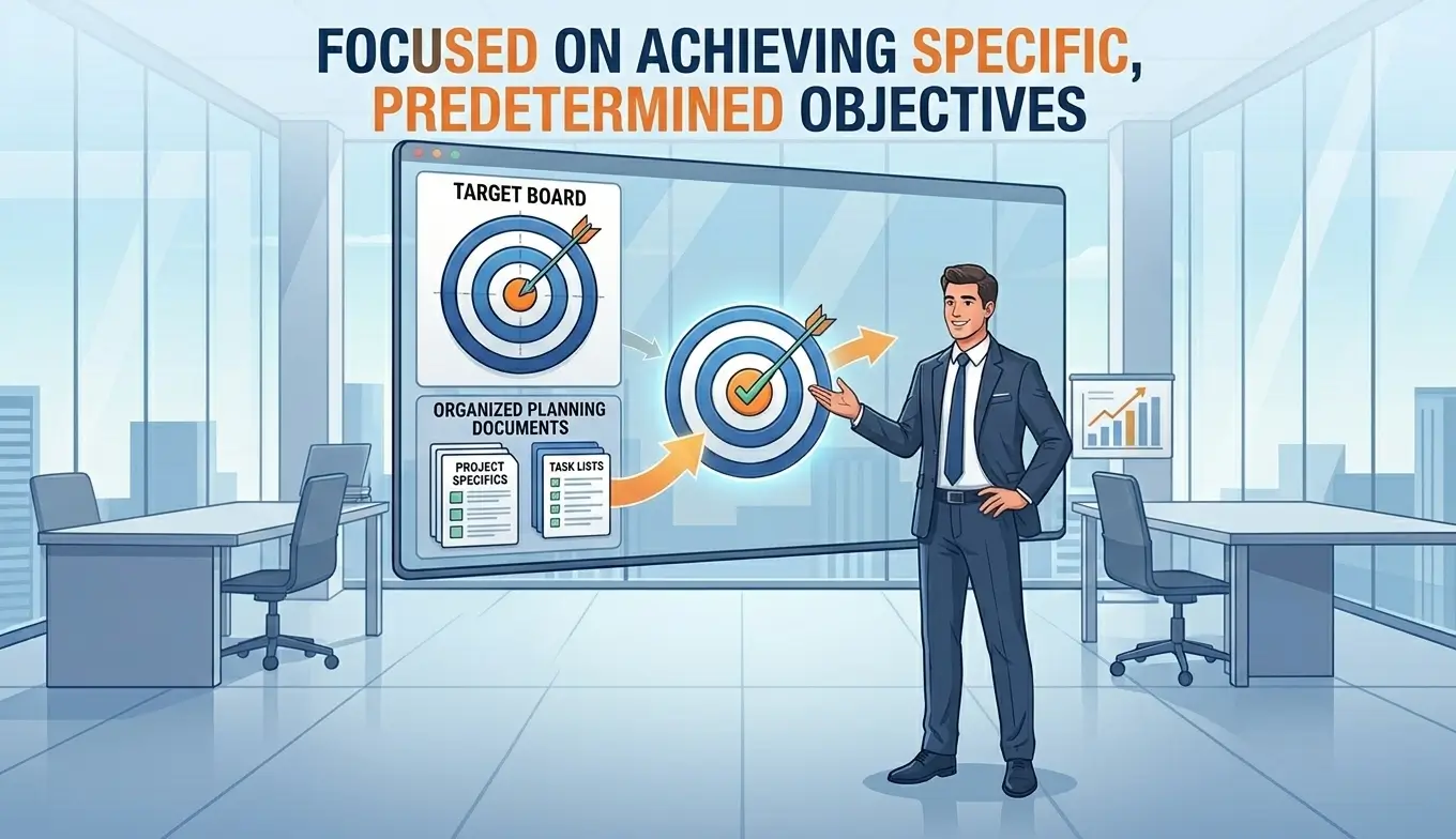 Focused on achieving specific, predetermined objectives.