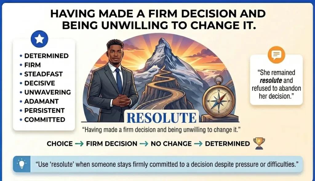 Having made a firm decision and being unwilling to change it.