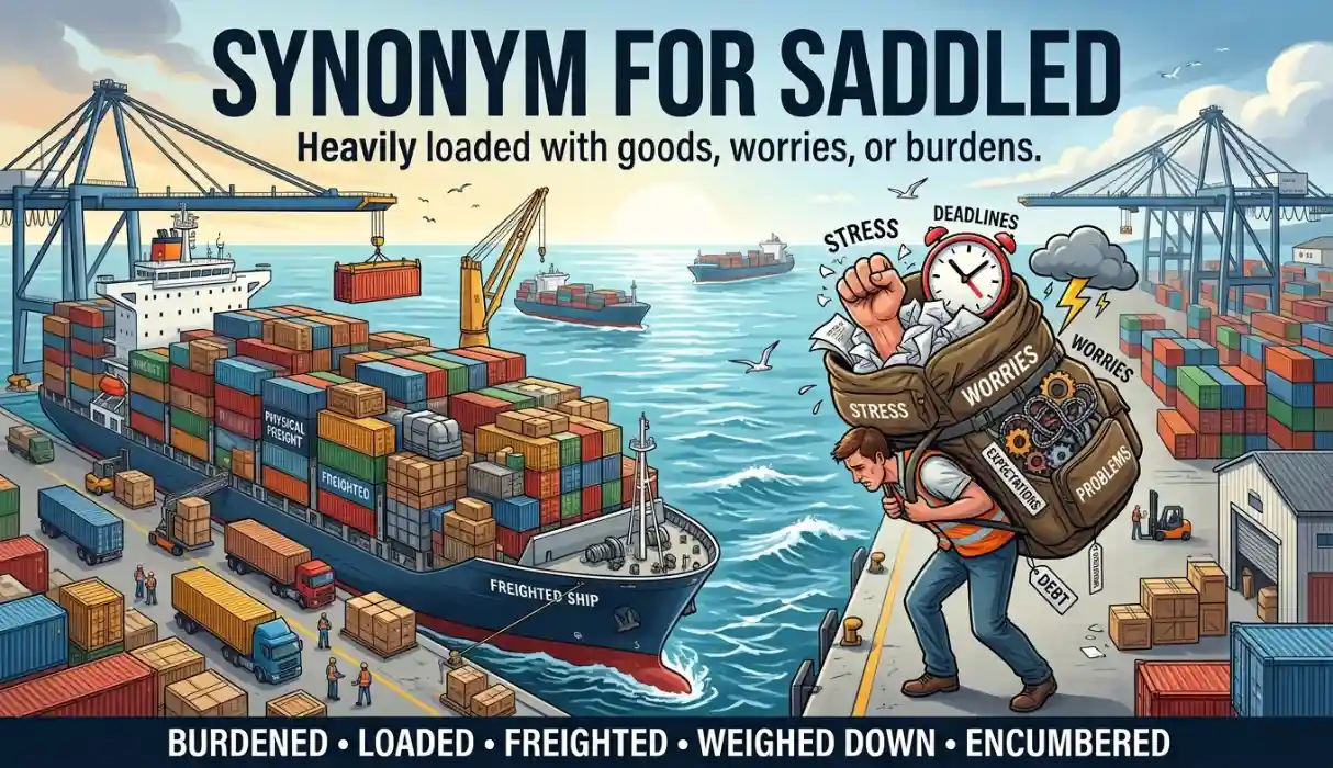 Heavily loaded or freighted with physical goods or worries.