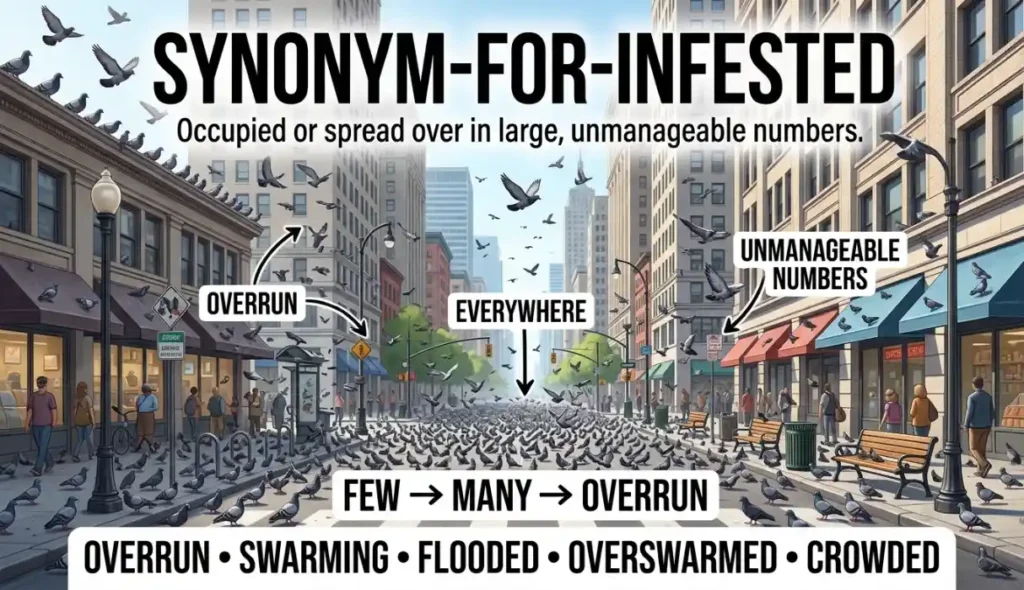 Occupied or spread over in large, unmanageable numbers.