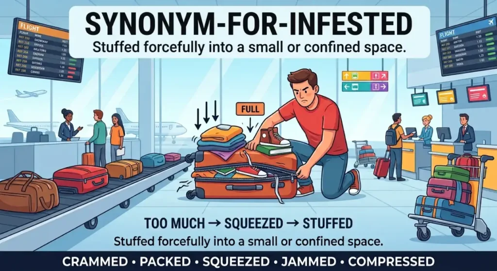 Stuffed forcefully into a small space.