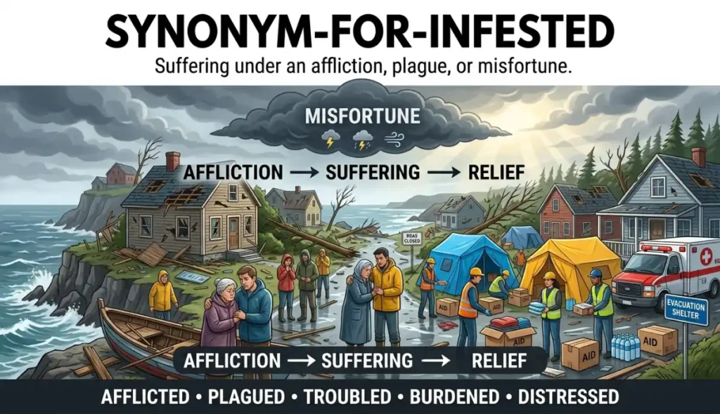 Suffering under an affliction, plague, or misfortune.
