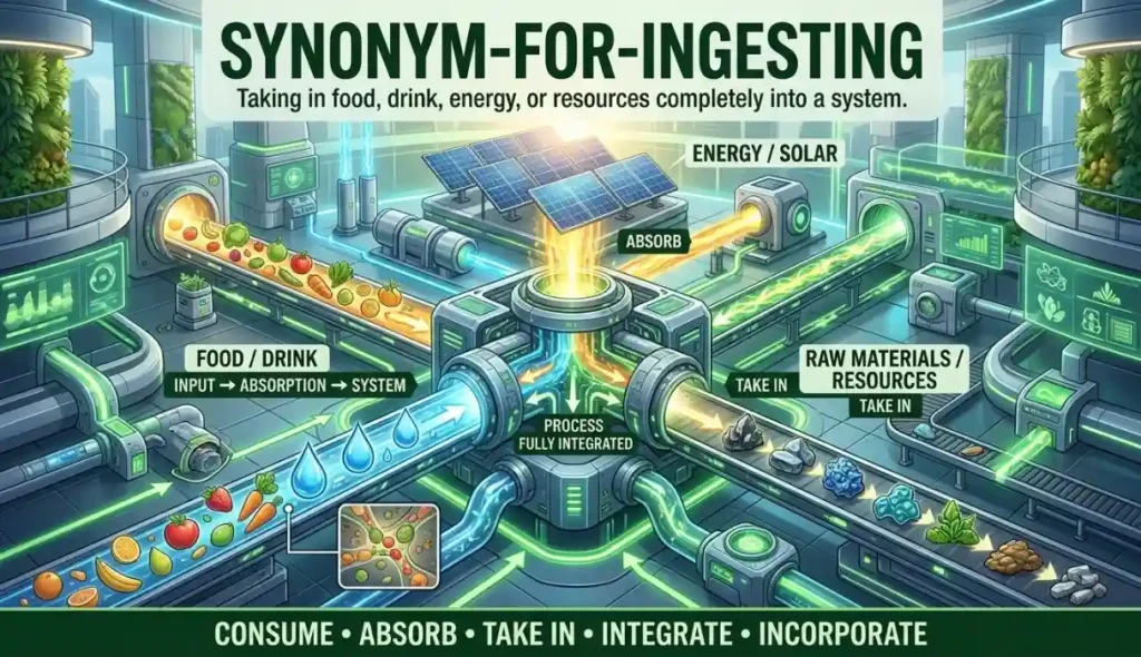 Taking in food, drink, energy, or resources completely into a system.