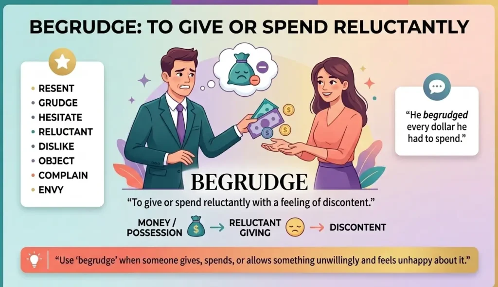 To give or spend reluctantly with a feeling of discontent.