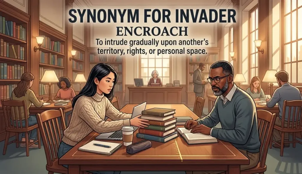 To intrude gradually upon another's territory, rights, or personal space.