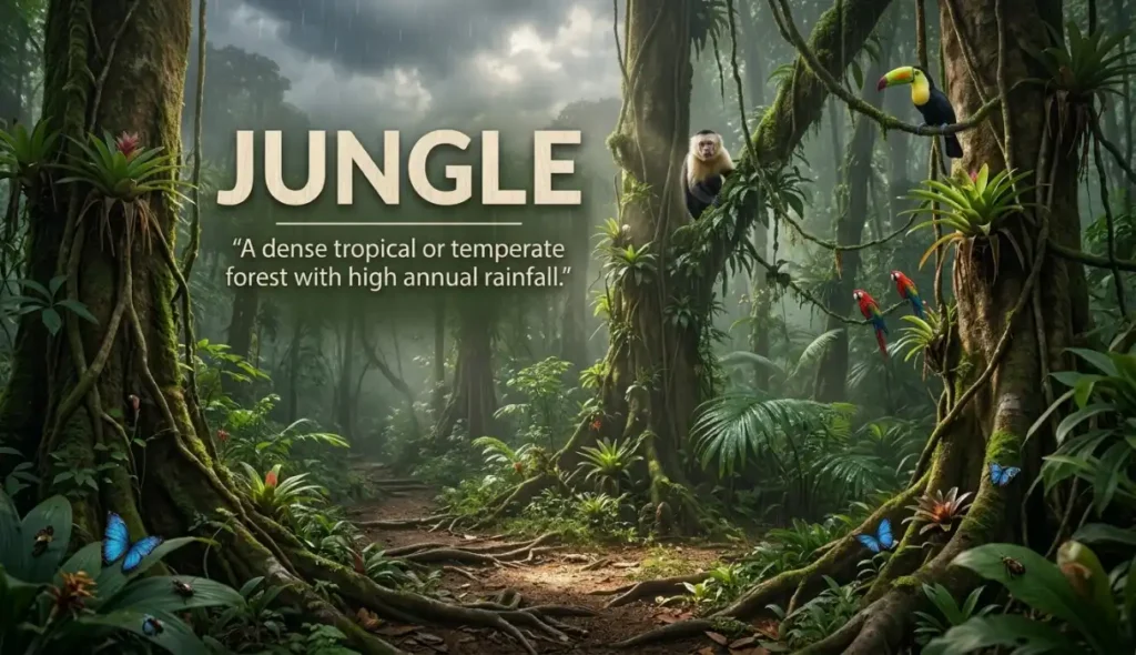 A dense tropical or temperate forest with high annual rainfall.