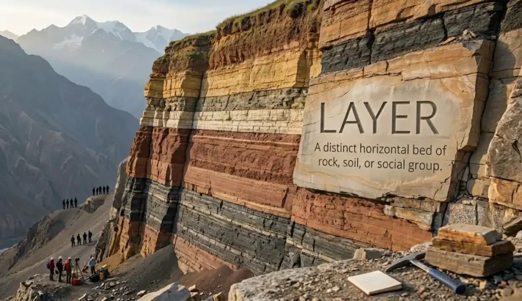 A distinct horizontal bed or layer of rock, soil, or social group.