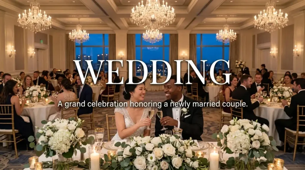 A grand, elegant, and festive celebration held in honor of a newly married couple.