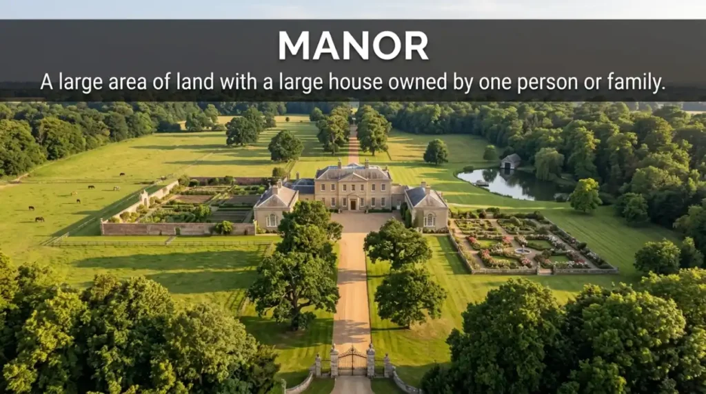 A large area of land with a large house owned by a single person or family.
