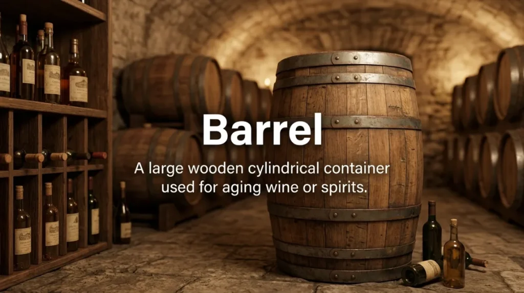 A large wooden cylindrical container used for aging wine or spirits.
