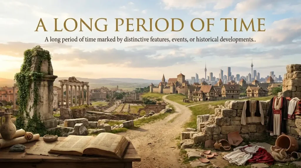 A long period of time marked by distinctive features, events, or historical developments.