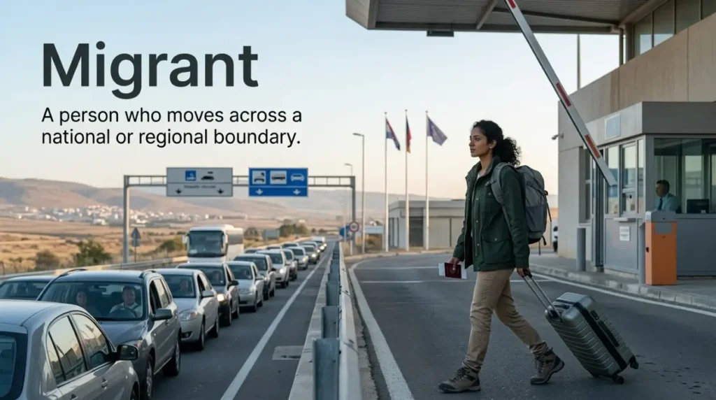 A person who moves across a national or regional boundary.
