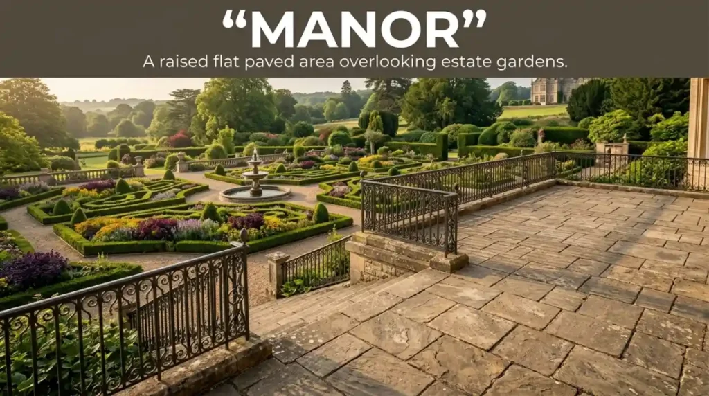 A raised flat paved area overlooking estate gardens.