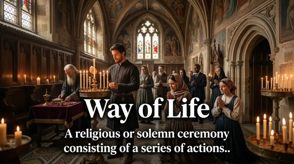 A religious or solemn ceremony consisting of a series of actions.