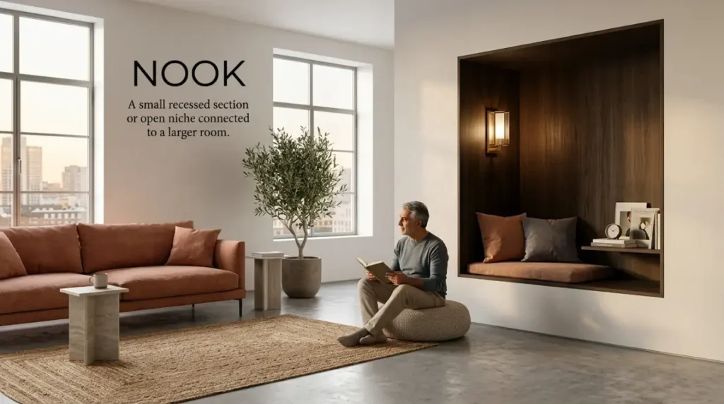 A small recessed section or open niche connected to a larger room.