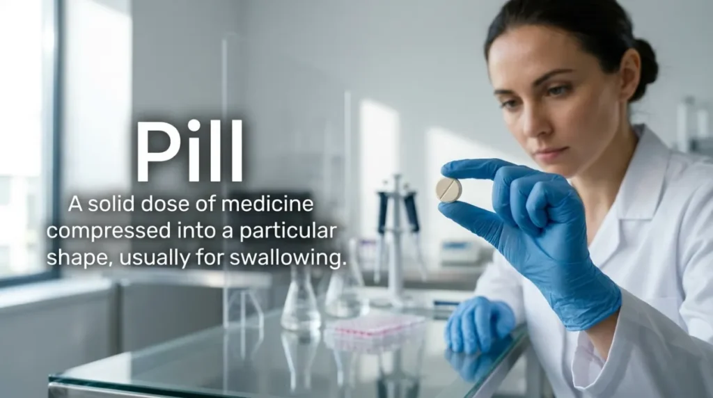 A solid dose of medicine compressed into a particular shape, usually for swallowing.