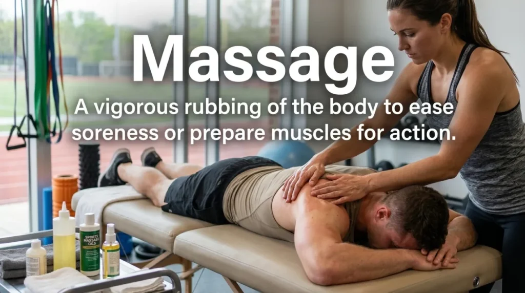 A vigorous rubbing of the body to ease soreness or prepare muscles for action.