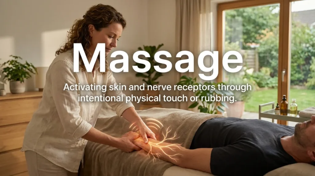 Activating skin and nerve receptors through intentional physical touch or rubbing.