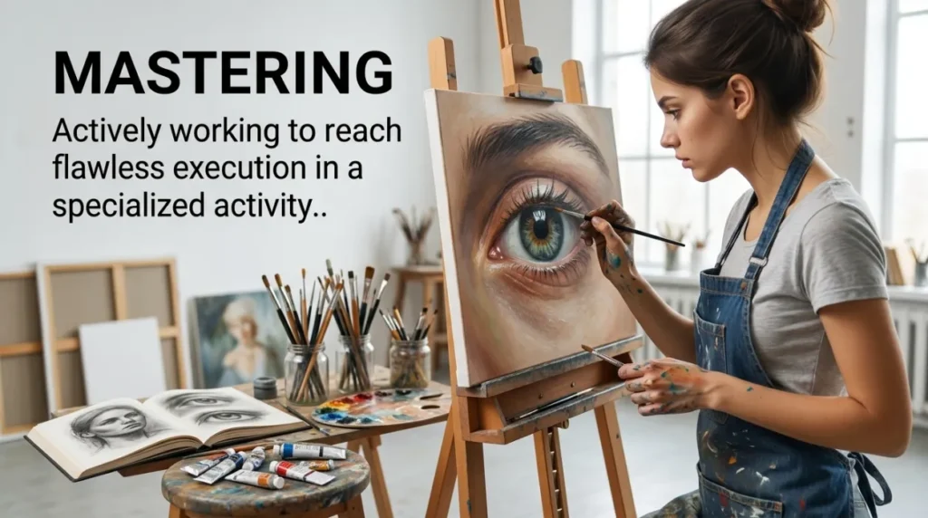 Actively working to reach flawless execution in a specialized activity.