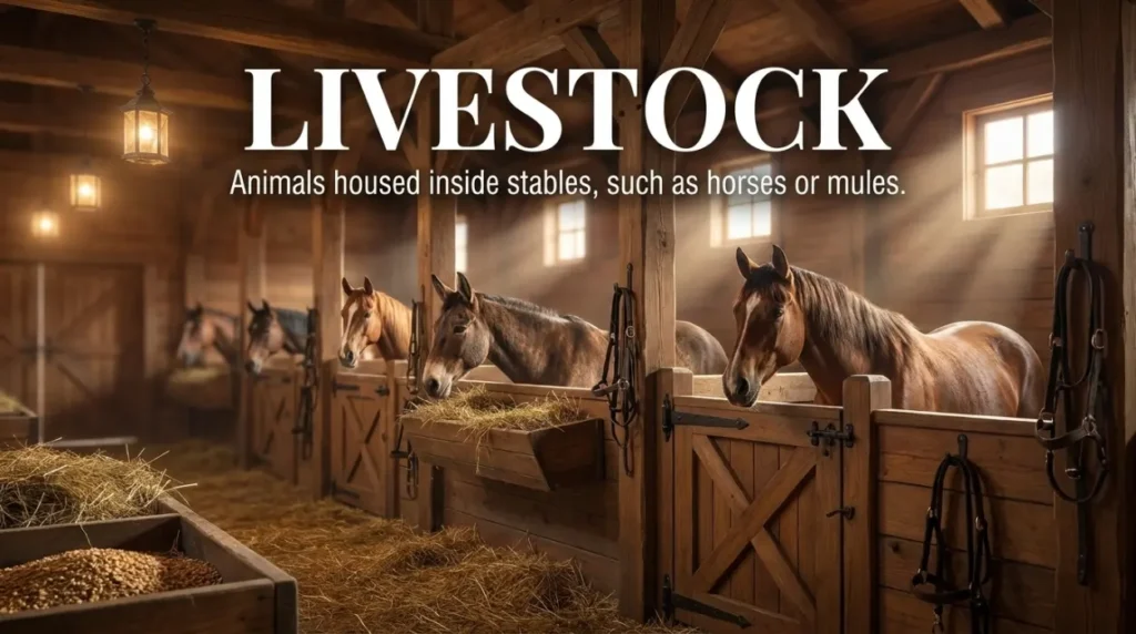 Animals housed inside stables, such as horses or mules.