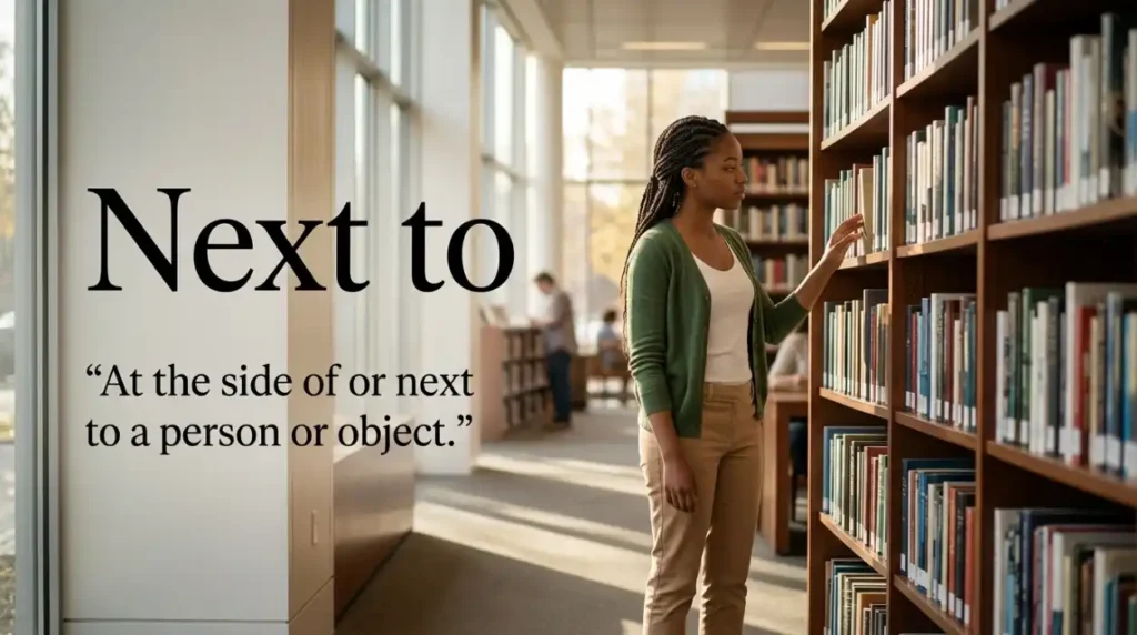 At the side of or next to a person or object.