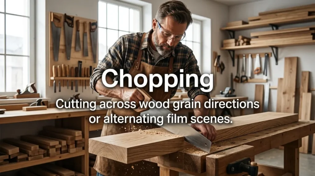 Cutting across wood grain directions or alternating film scenes.