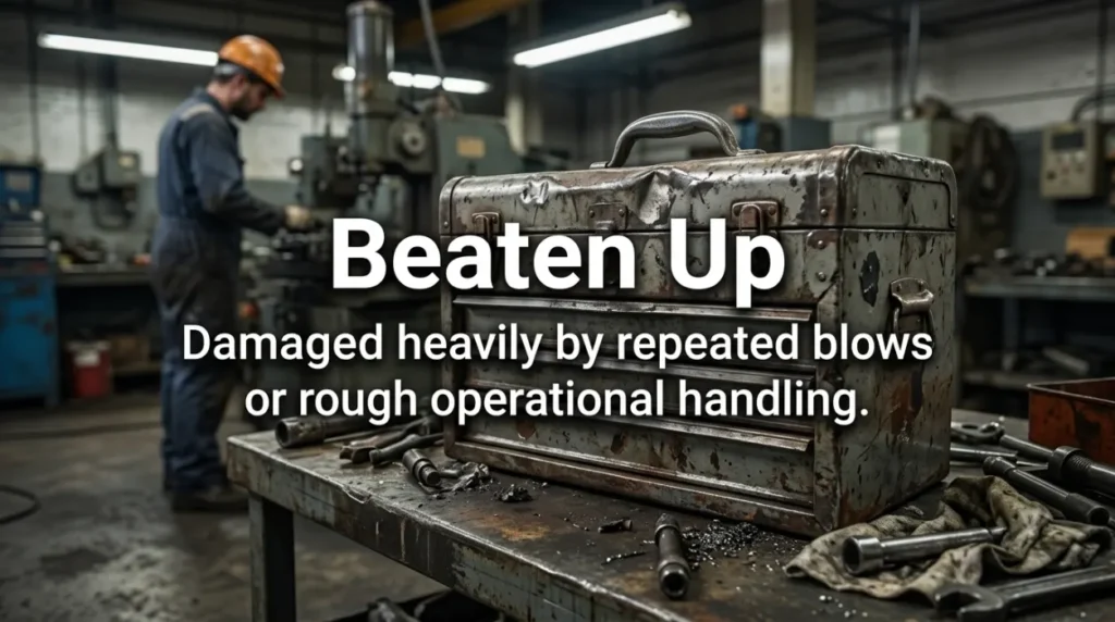 Damaged heavily by repeated blows or rough operational handling.