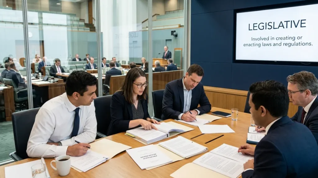 Directly involved in creating or enacting statutes and regulations.
