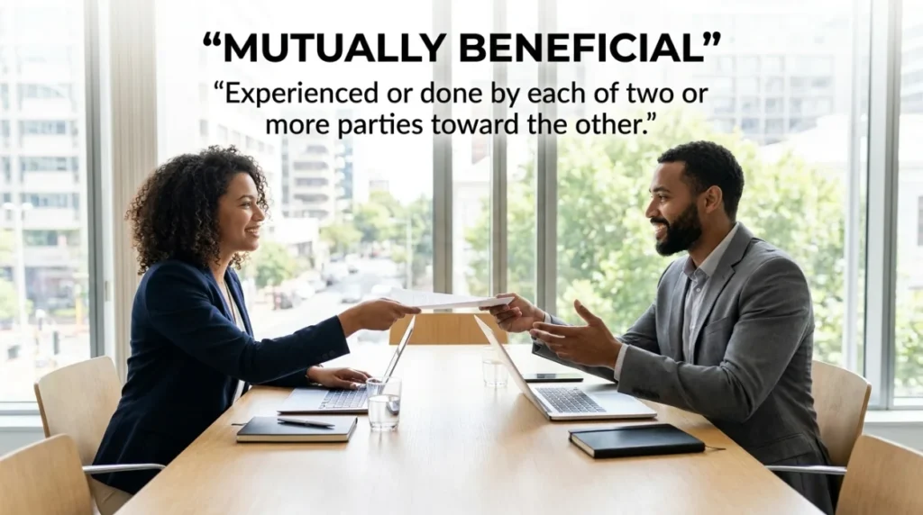 Experienced or done by each of two or more parties towards the other.