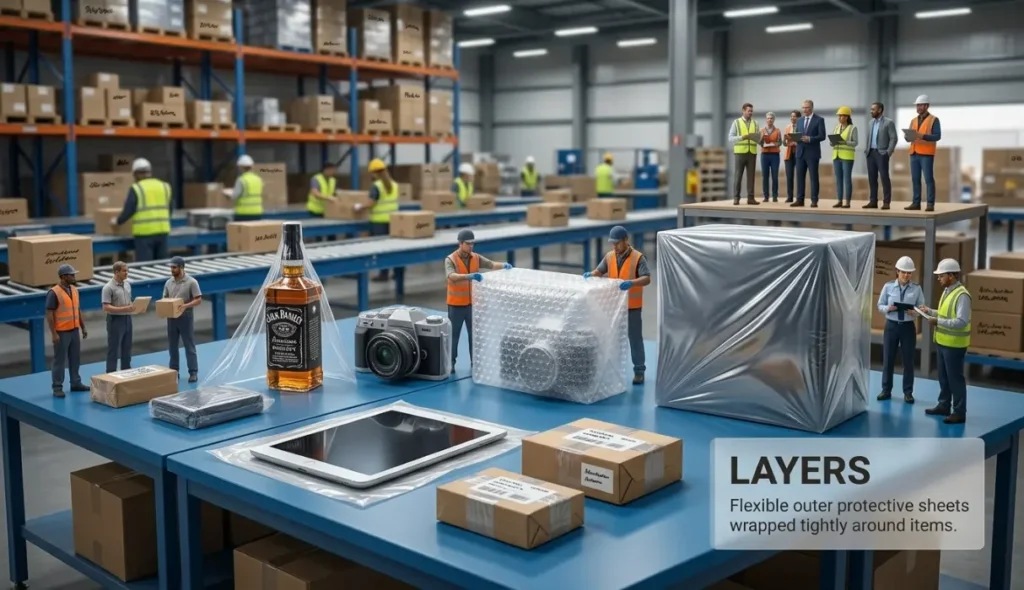 Flexible outer protective sheets wrapped tightly around items.