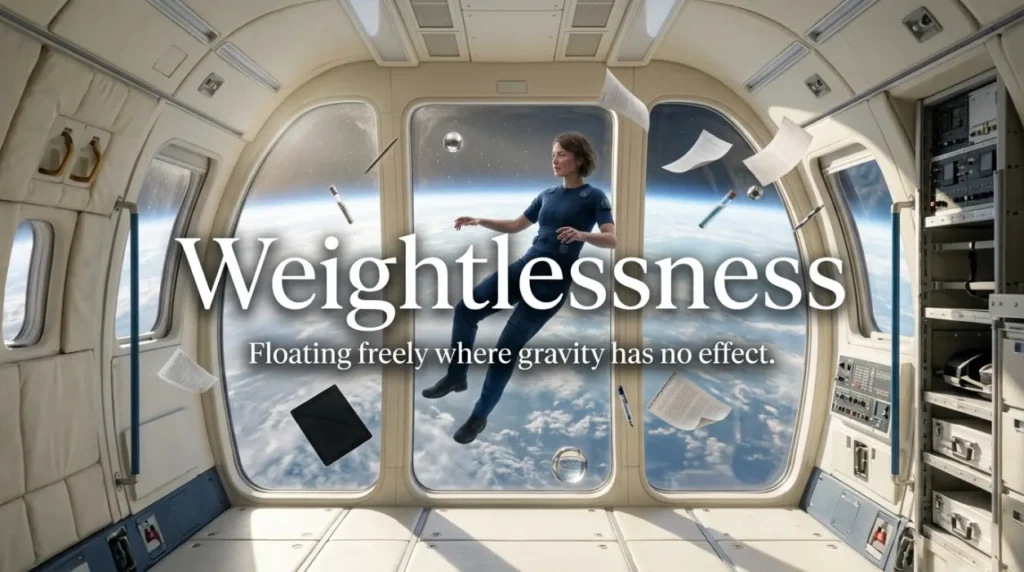 Floating freely where gravity has no effect.