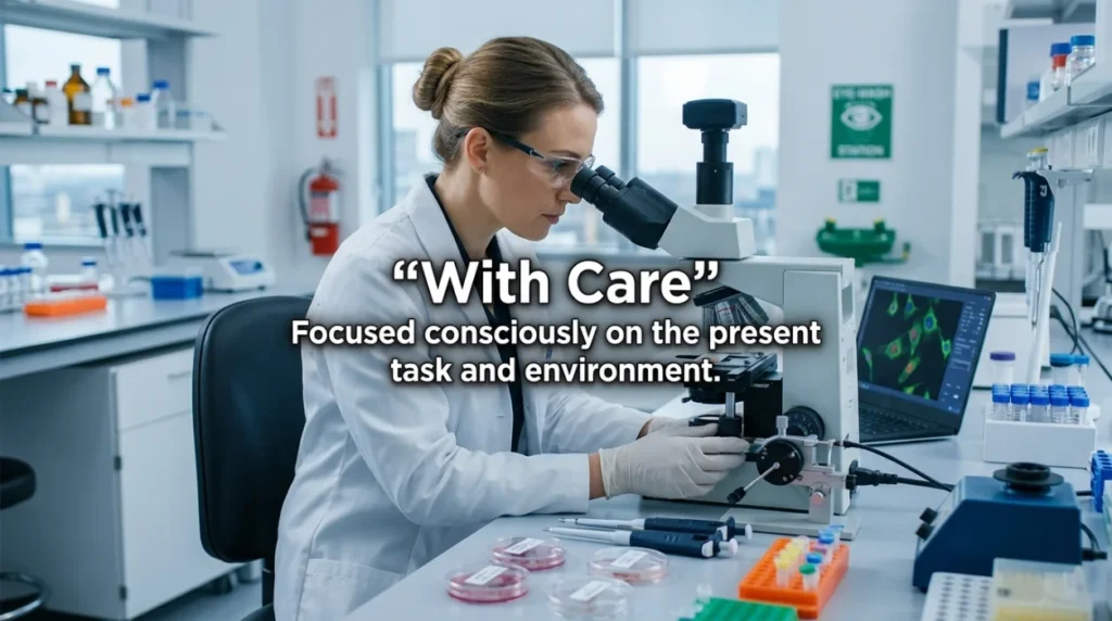 Focused consciously on the present task and environment.