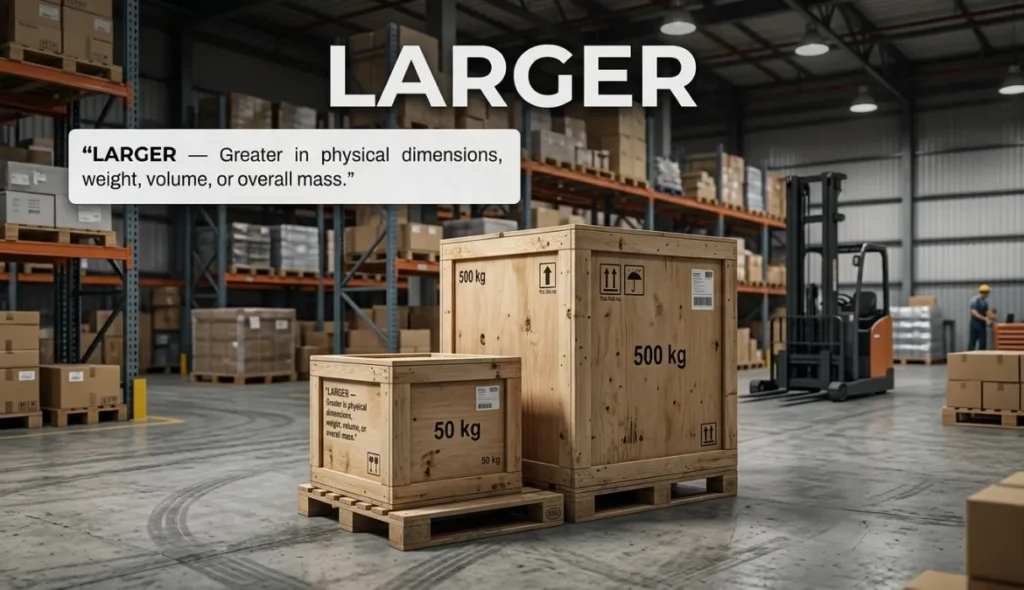 Greater in overall physical dimensions, weight, volume, or general mass.