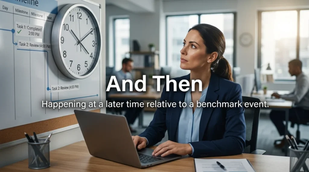 Happening at a later time relative to a benchmark event.