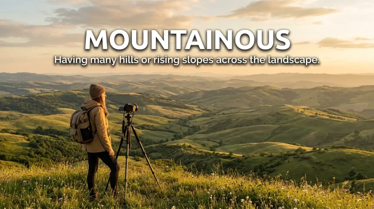 Having many hills or rising slopes across the landscape.