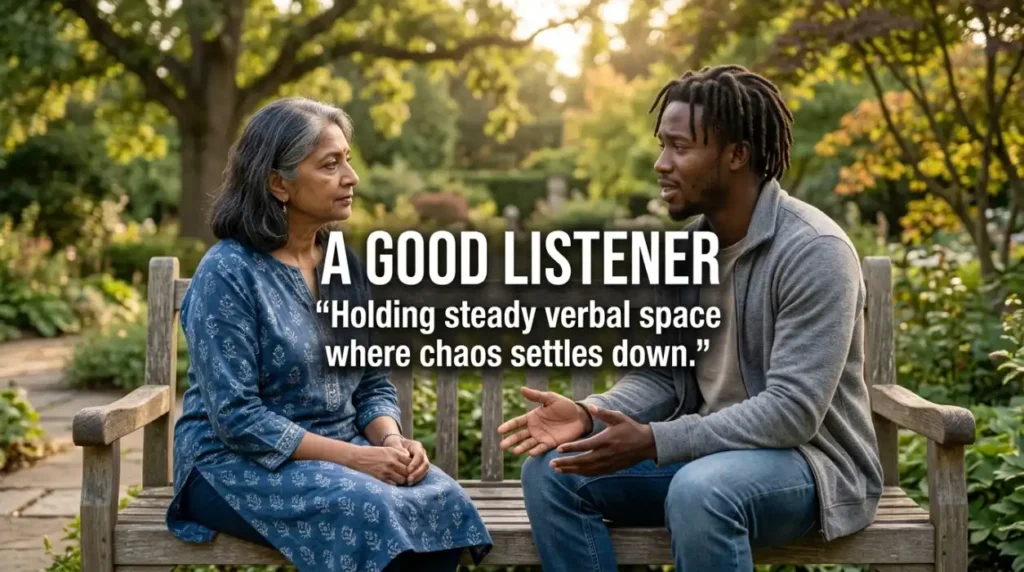 Holding steady verbal space where chaos settles down.