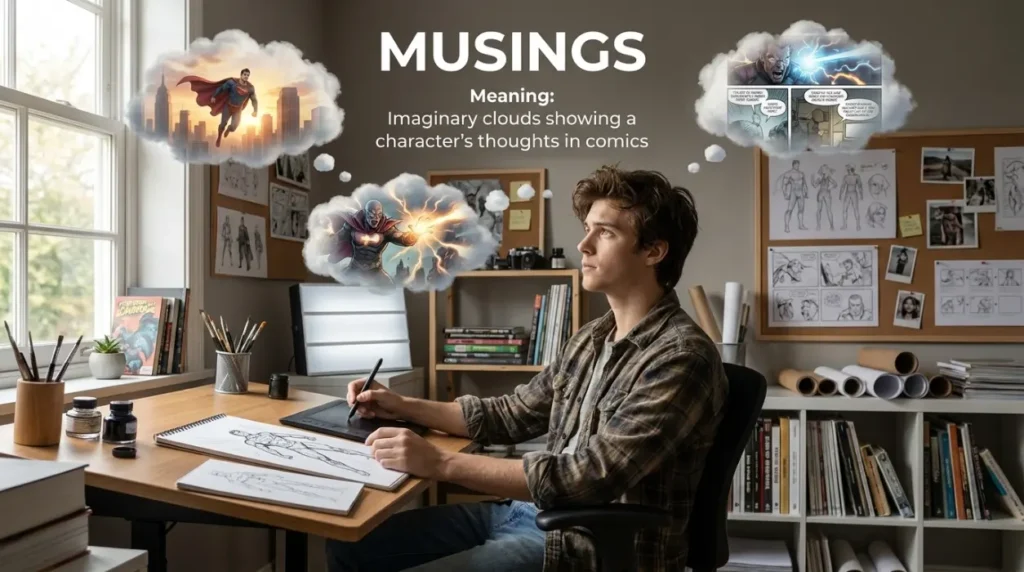 Imaginary clouds showing a character's thoughts in comics.