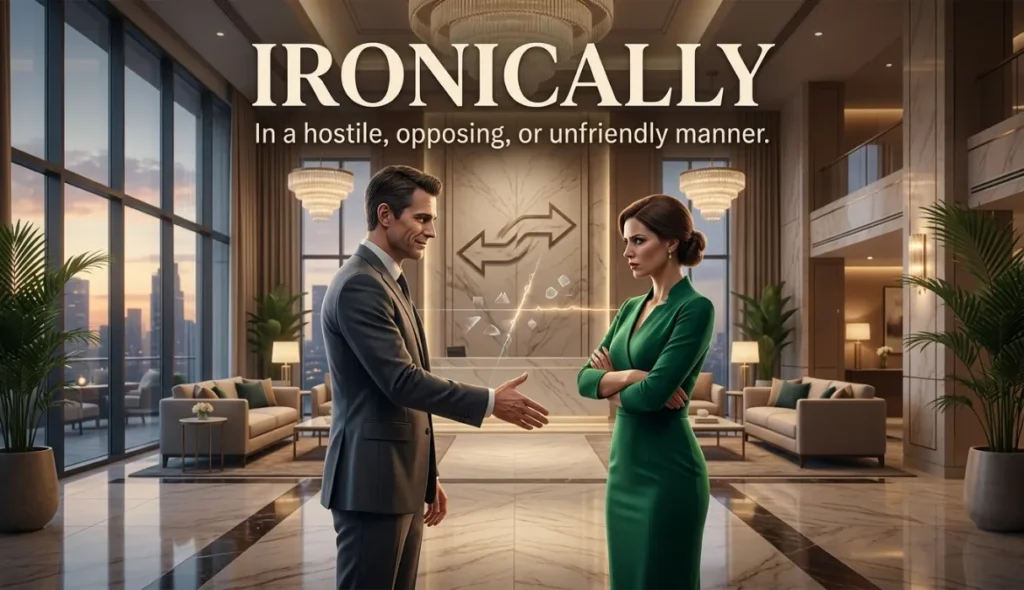 In a hostile, opposing, or unfriendly manner.