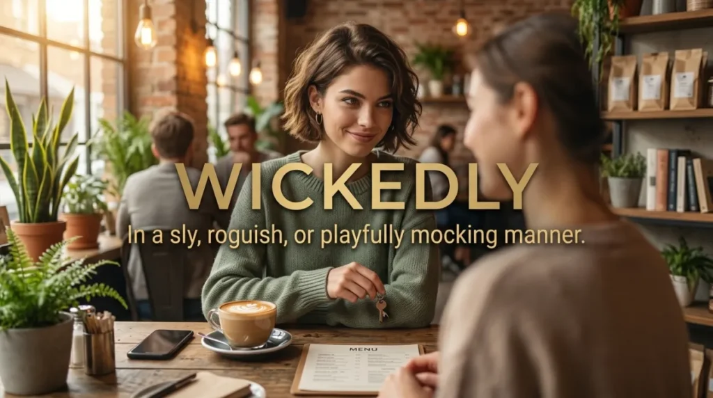 In a sly, roguish, or playfully mocking manner.