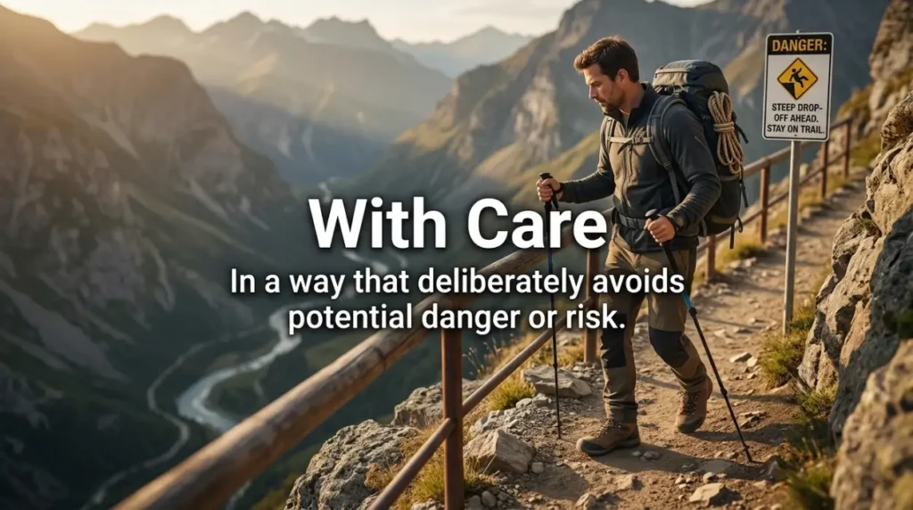 In a way that deliberately avoids potential danger or risk.