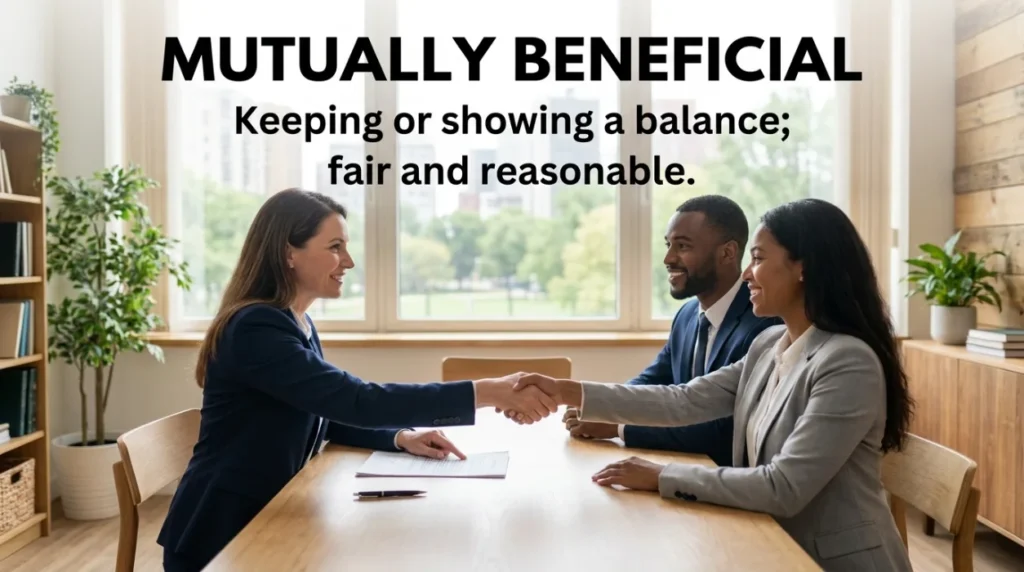 Keeping or showing a balance; fair and reasonable.