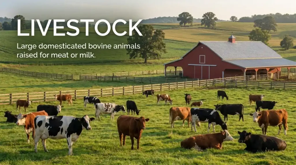 Large domesticated bovine animals raised for meat or milk.