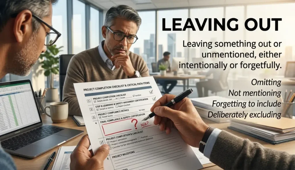  Leaving something out or unmentioned either intentionally or forgetfully.