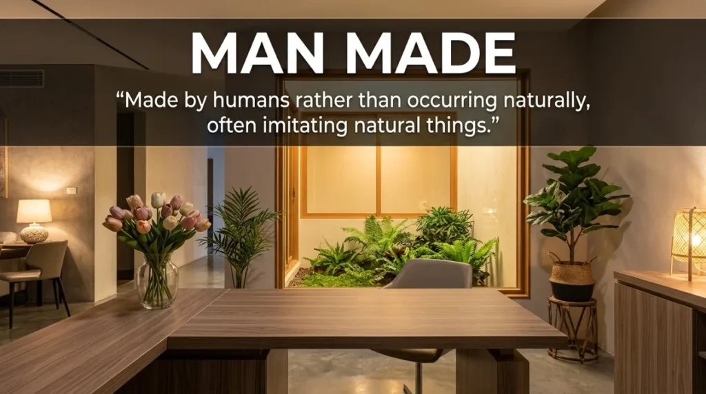 Made by humans rather than occurring naturally, often imitating a natural thing.