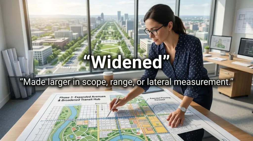 Made larger in scope, range, or lateral measurement.