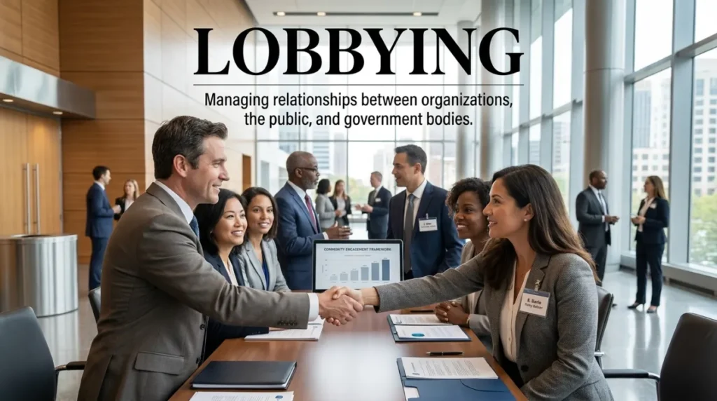 Managing relationships between organizations, the public, and government bodies.