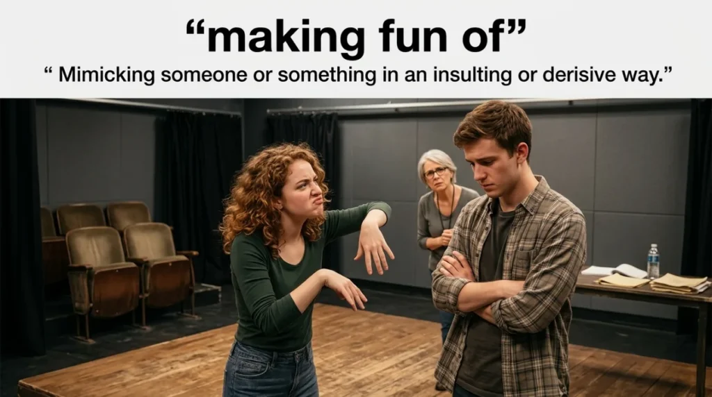 Mimicking someone or something in an insulting or derisive way.